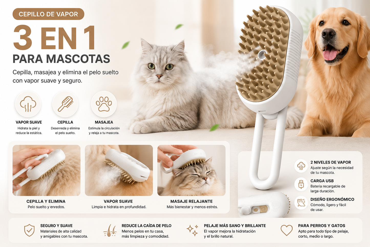 Cepillo de Vapor para Gatos y Perros 🐕 🐈
